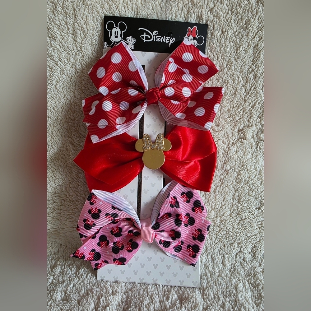 New Disney Minnie Mouse Girl's Bow Hair Clip Set of 3, red pink white polka dot
